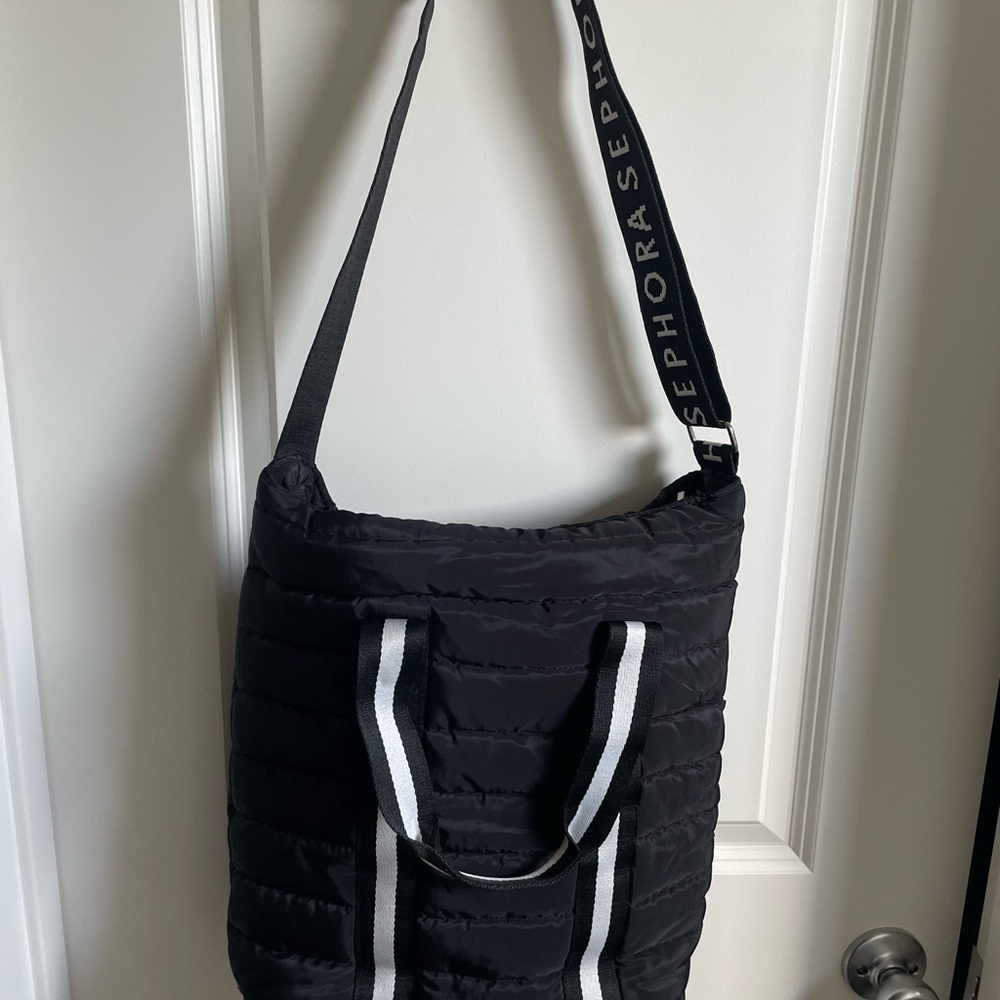 Sephora Black Quilted Tote with White-Trim Handles
